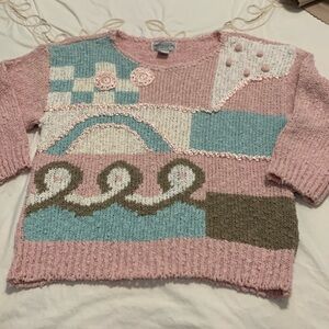 Vintage Roomy 100% Acrylic Pink, Soft Teal,White Embroidered Sweater Size Small